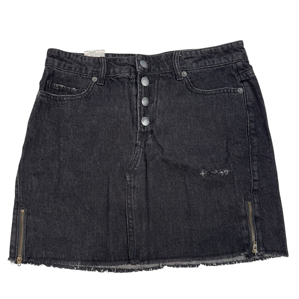 Bongo Black Denim Mini Skirt Distressed Frayed Hem Button Fly Size 7